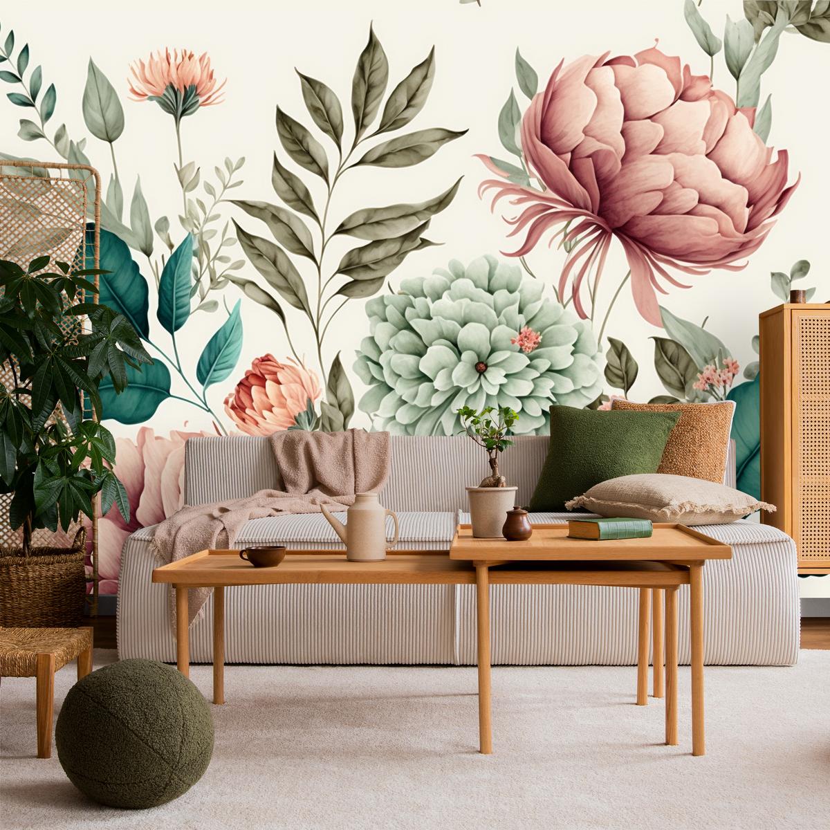 FOTOTAPETE für Schlafzimmer Pastell Pfingstrosen Blüten Blätter 200x140 - Türkis/Blau, Papier (200/140cm) - Muralo