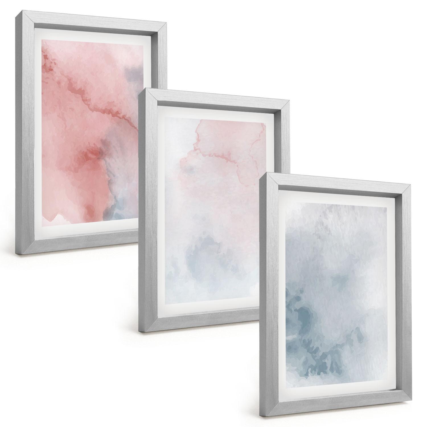 BILDER SET 3er Set - 20x30 cm Silberner Rahmen - Pastellfarben auf Leinwand - Silberfarben, Kunststoff (20/30cm) - TULUP