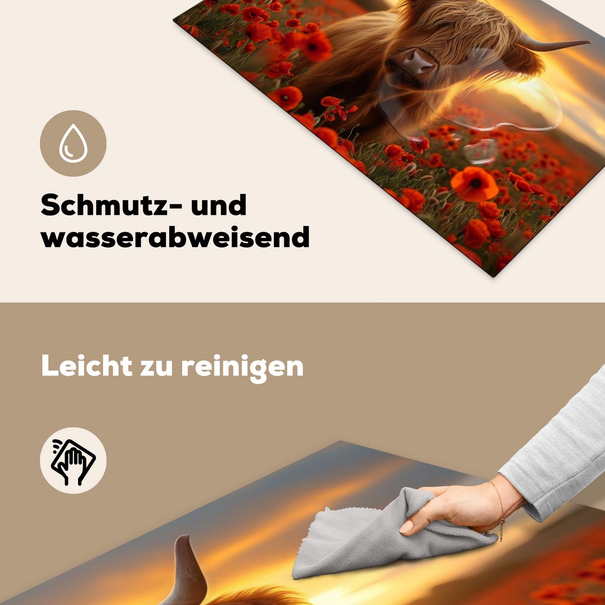 HERDABDECKPLATTE Schottische Highlander - Rosen - Blumenfeld - Sonnenuntergang Ceranfeldabdeckung 85x52 cm - Rotbraun, Kunststoff (85/52/0.2cm) - MuchoWow