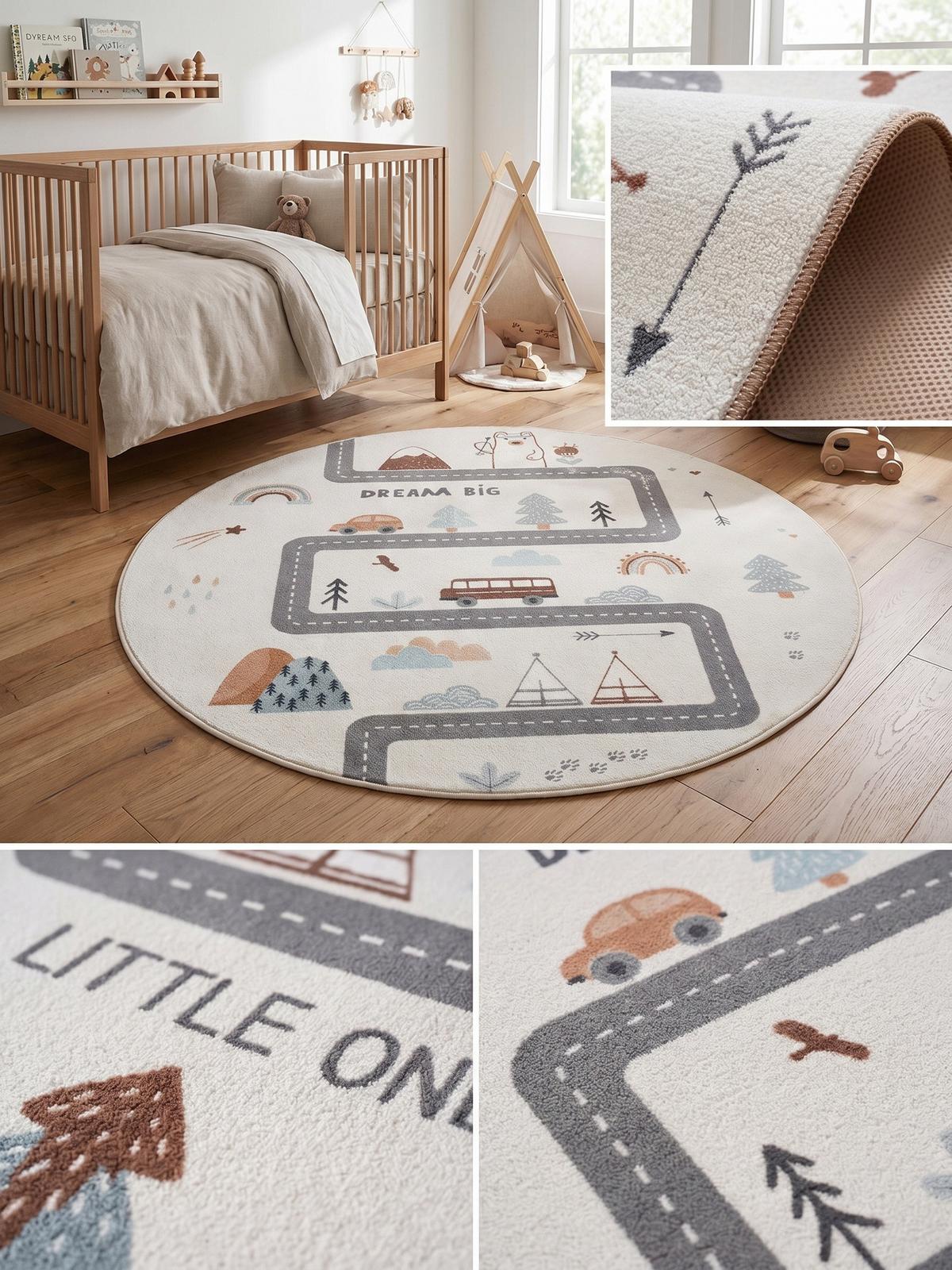 SPIELTEPPICH Waschbar TINO in Creme, mit Straßenkarten-Motiv, Ø 200 cm - Beige, Textil (200/200cm) - KADIMA DESIGN