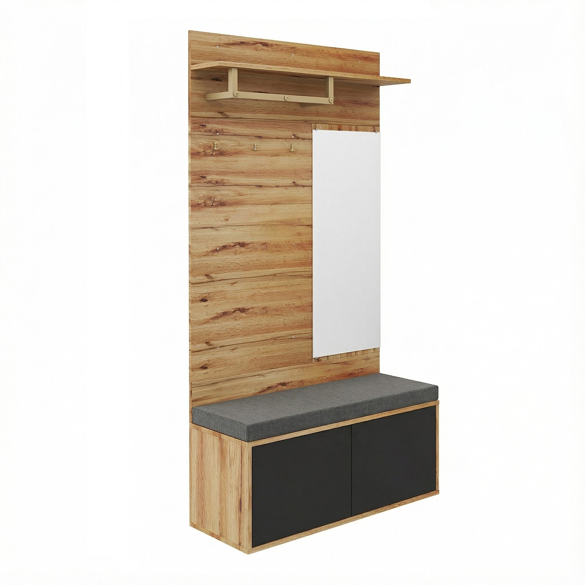 GARDEROBEN-SETS Flurgarderobe Holzoptik mit Spiegel & Sitzbank Kompaktgarderobe 100×190 cm - Sonoma Eiche, Holzwerkstoff (100/190/38cm) - Urban Meuble