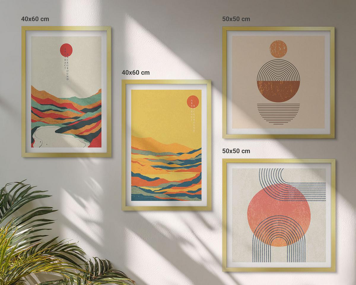 BILDER SET 4er Set - 50x50 cm & 40x60 cm Goldrahmen - Farbenfrohe Muster der Japandi-Flussberge - Goldfarben, Kunststoff (50/50cm) - TULUP