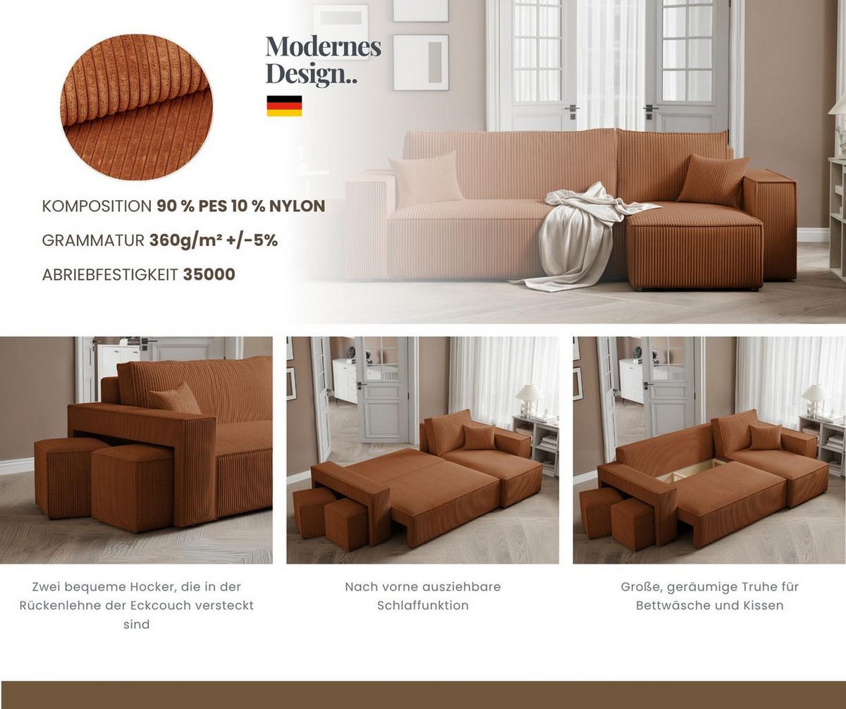 ECKSOFA PARIS mit Schlaffunktion und Bettkasten Orange - Orange, Kunststoff/Textil (262/145cm) - Idohome
