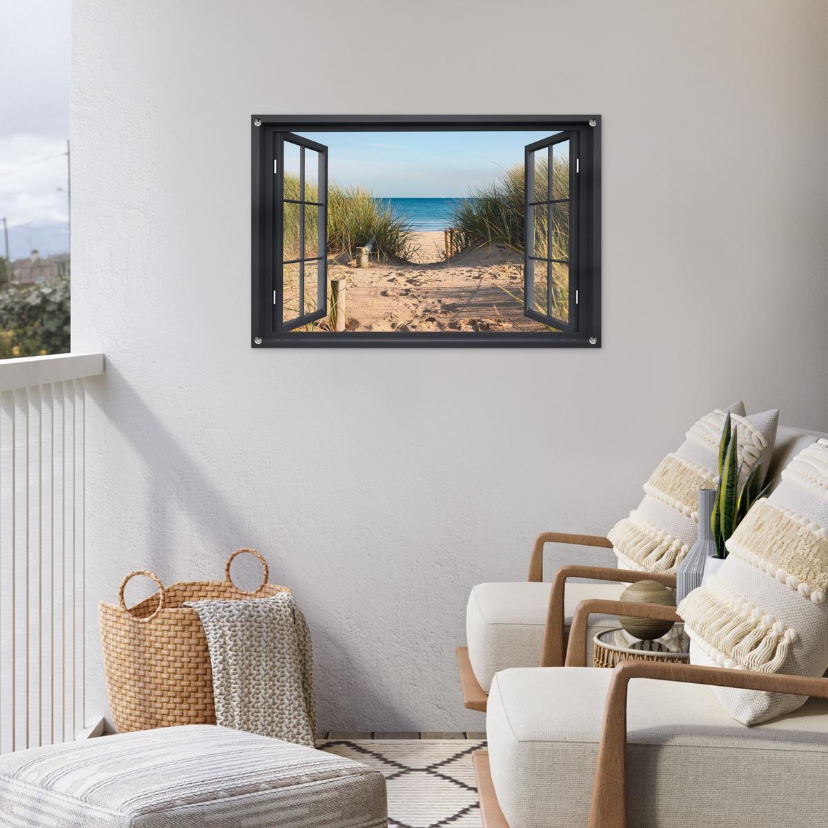 GARTENPOSTER Durchblick - Strand - Meer - Sand - Wasser - Strandhafer - Dünen Gartendeko 90x60 cm - Sandfarben, Kunststoff (90/60/0.2cm) - OnlyWow
