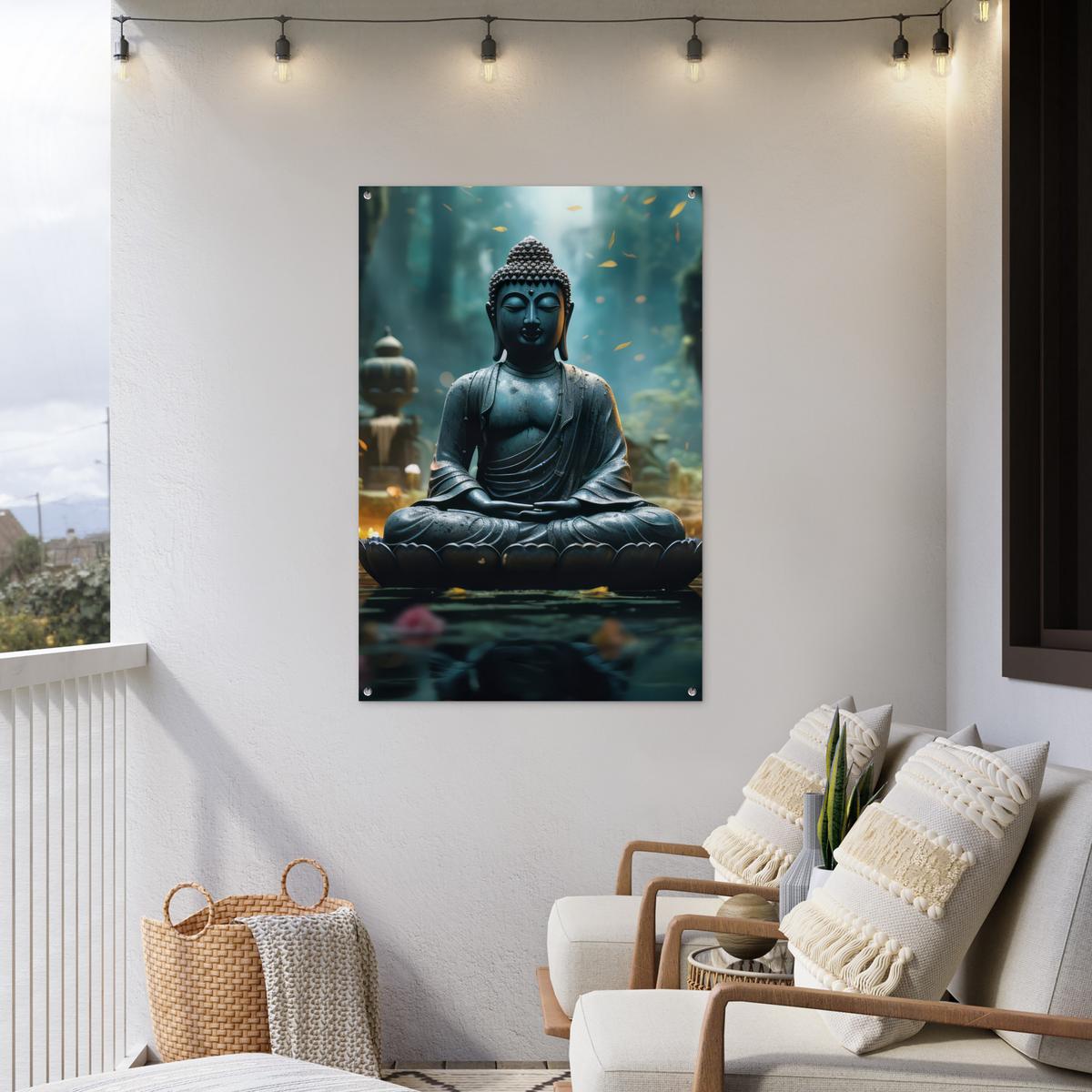 GARTENPOSTER Buddha - Statue - Buddha - Zen - Kunst - Buddha Outdoor Bilder 80x120 cm - Dunkelgrau, Kunststoff (80/120/0.2cm) - OnlyWow