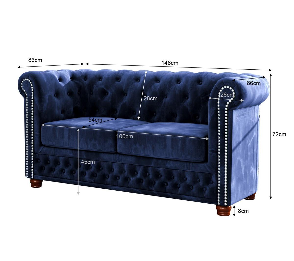 CHESTERFIELD-SOFA 2-sitzer Lauren Marineblau Samt - Dunkelblau/Braun, Holz/Textil (148/72/86cm) - S-Style Möbel