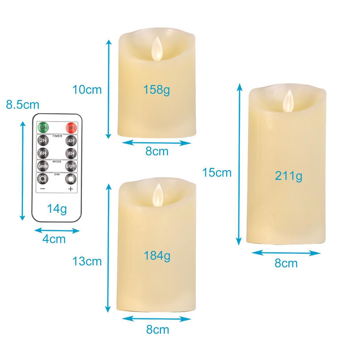 LED KERZEN SET mit Fernbedienung (3-tlg.) - Weiß, Naturmaterialen (8/8/15cm) - Intirilife
