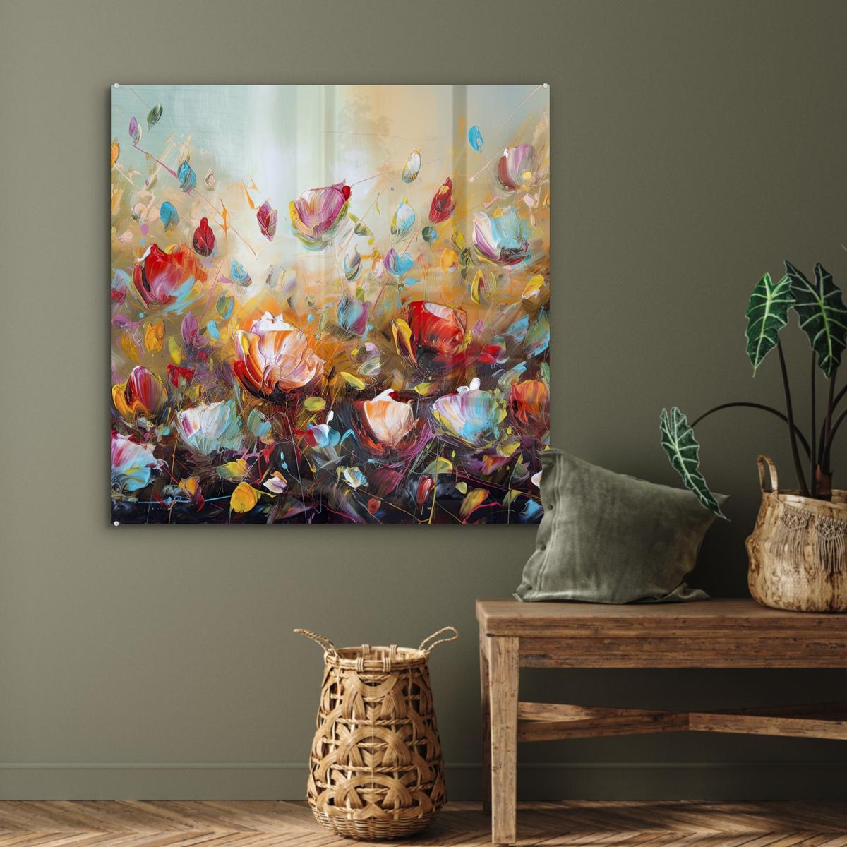 ACRYLGLASBILD Blumen - Kunst - Natur - Ölgemälde 90x90 cm - Multicolor, Glas (90/90cm) - MuchoWow
