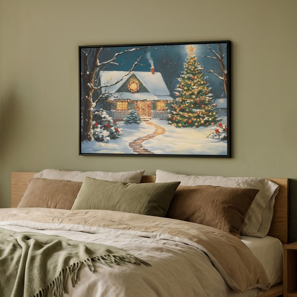 LEINWAND Bilder mit Rahmen - Weihnachten - Weihnachtsbaum - Winter - Zuhause - Schnee - 80x60 - Smaragdgrün, Textil (80/60cm) - MuchoWow