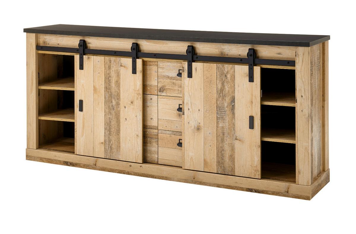 ESSZIMMER-SET Used Wood hell, anthrazit, Speisezimmer 3-teilig mit Buffetschrank, Esstisch Sideboard - Eichefarben/Anthrazit, Holzwerkstoff (334/201/80cm) - Furn.Design