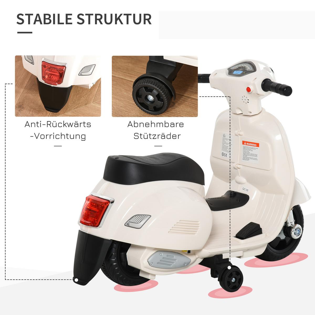 VESPA Elektromotorrad Kindermotorrad Elektrofahrzeuge 1,5 bis 3 Jahren Weiß - Weiß, Metall (66.5/38/52cm) - HOMCOM