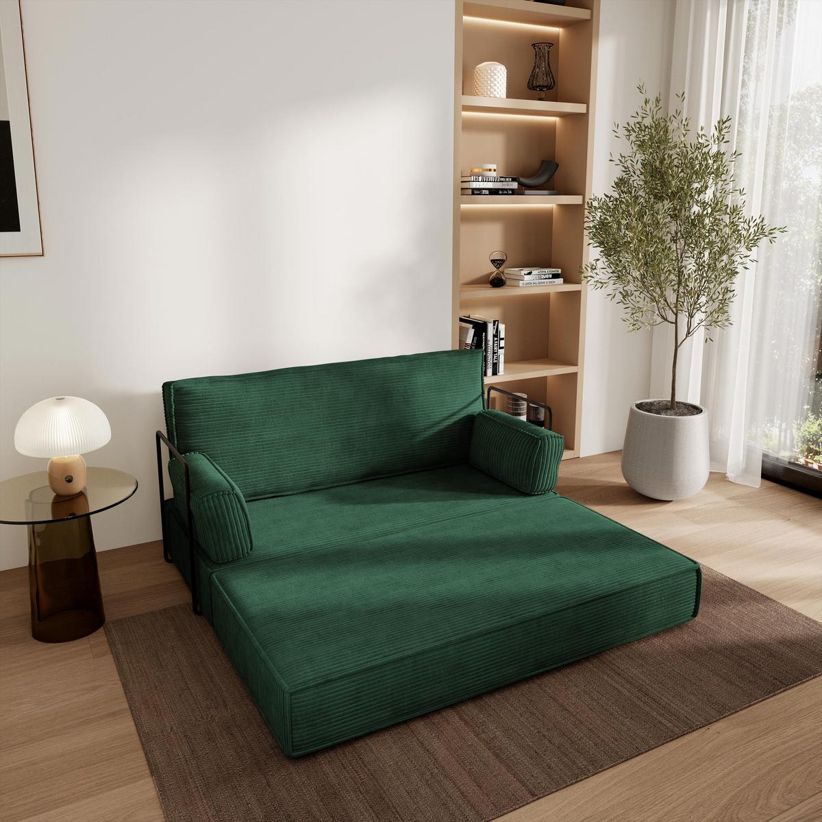 BETTSOFA LADIA aus Schaumstoff Kordstoff Grün Schlaffunktion - Grün, Textil (140/86/60cm) - MASSENO