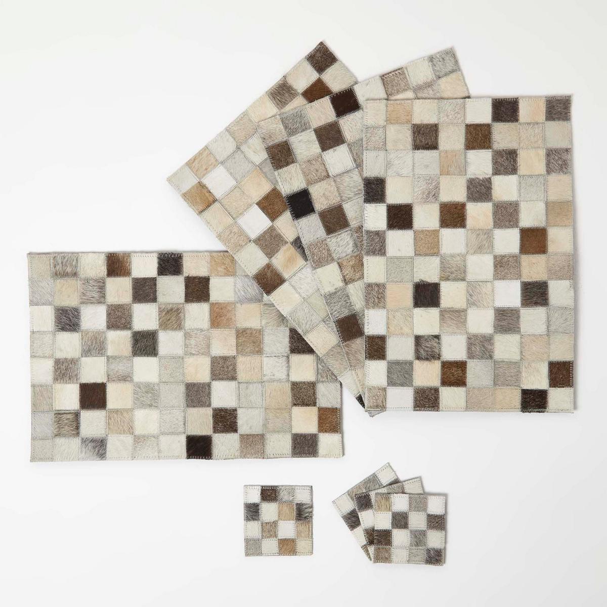TISCHSET 4er-Set grau-beige, Patchwork-Karo, Fell & Leder, 30/46 cm - Grau, Leder (30/46cm) - Homescapes
