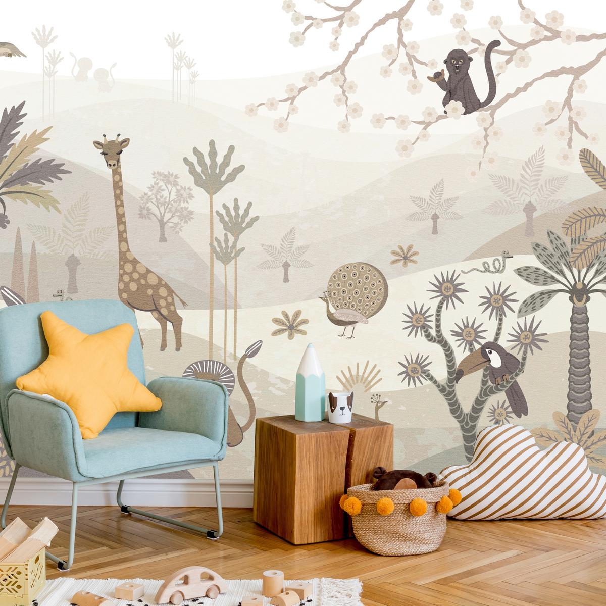 FOTOTAPETE für Kinderzimmer Safari Wilde Tiere Dschungel Boho Palmen Giraffe 400x280 - Beige/Creme, Papier (400/280cm) - Muralo