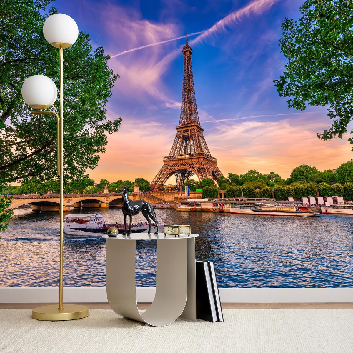 FOTOTAPETE Eiffelturm Paris Architektur 3D 450x315 - Blau/Gelb, Papier (450/315cm) - Muralo