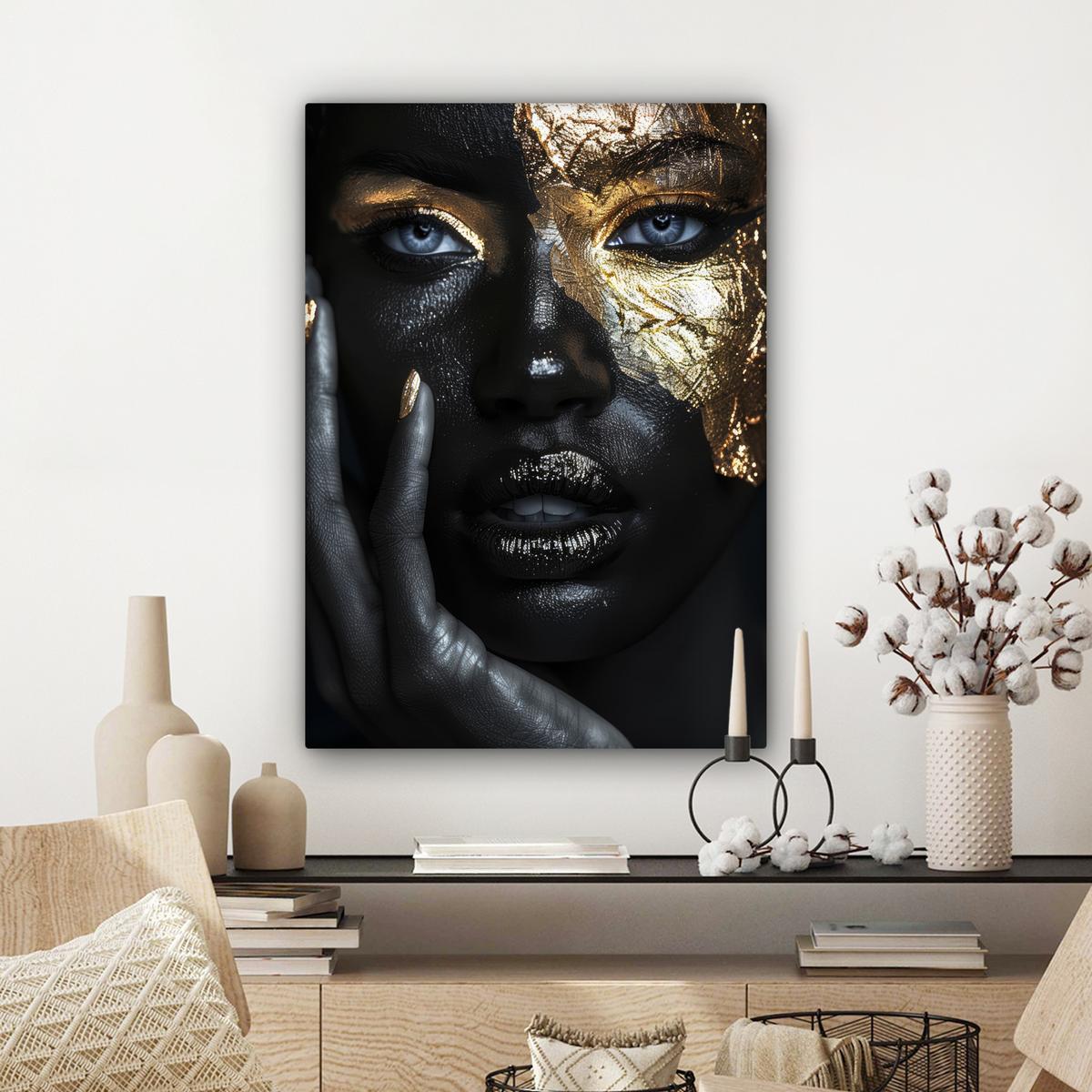 LEINWANDBILD Frau - Gold - Porträt - Schwarz-Weiß - Luxus Wandbild Wohnzimmer 60x80 cm - Hellblau, Textil (60/80cm) - MuchoWow