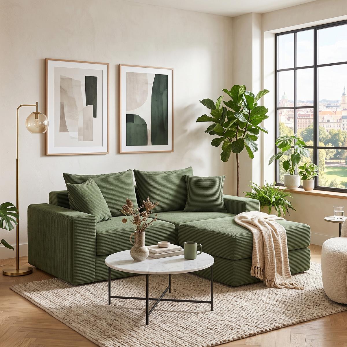 3-SITZER SOFA Modulares Cord Grün ohne Montage - Grün, Kunststoff (259.5/96cm) - Urban Meuble