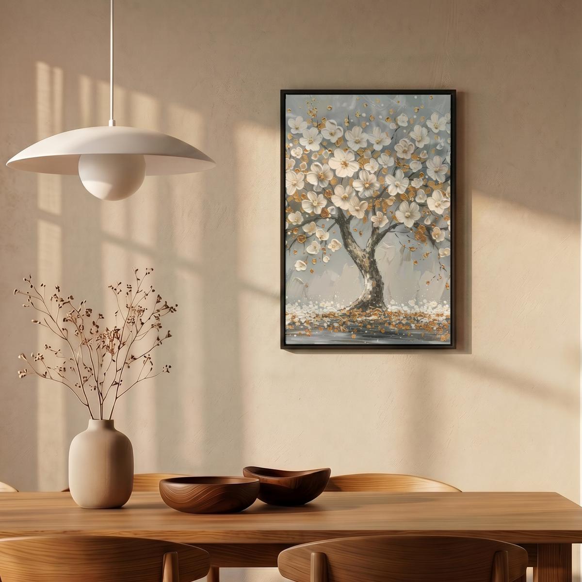 LEINWAND Bilder mit Rahmen - Baum - Blumen - Weiß - Natur - Kunst - 40x60 - Weiß, Textil (40/60cm) - MuchoWow