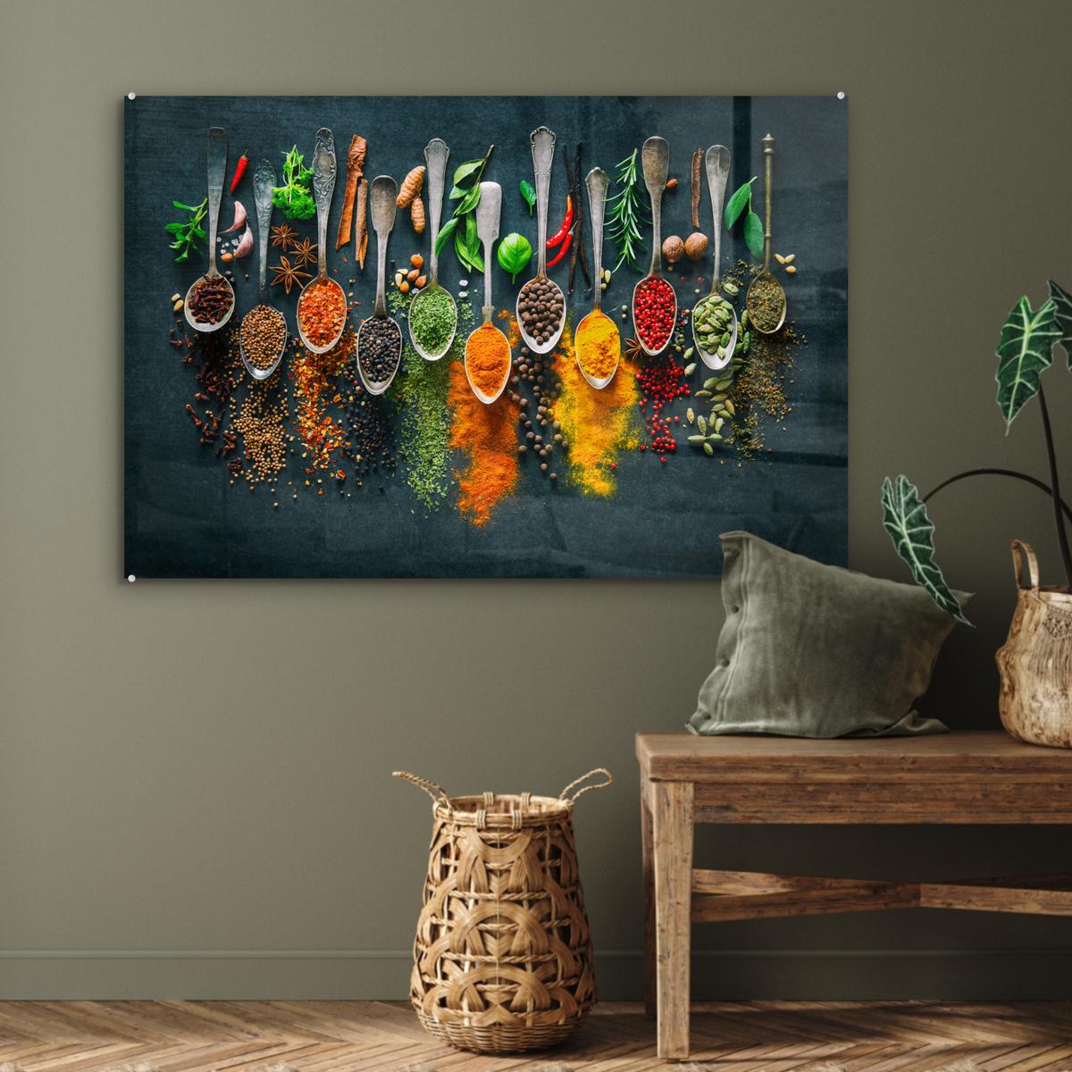 ACRYLGLASBILD Kräuter - Gewürze - Löffel Room Decor 90x60 cm - Currygelb, Glas (90/60cm) - MuchoWow
