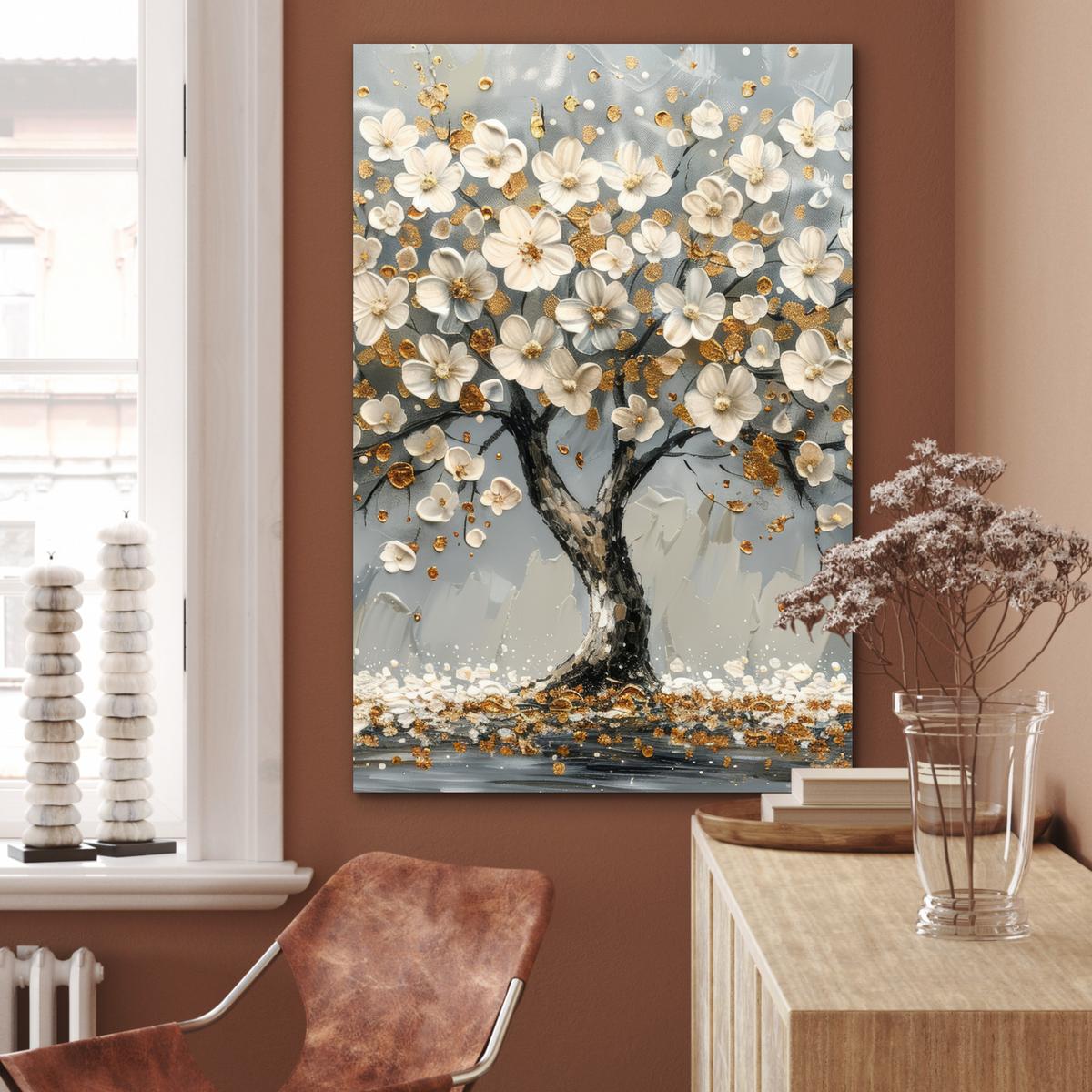 METALLBILD Baum - Blumen - Weiß - Natur - Kunst 80x120 cm - Weiß, Metall (80/120cm) - MuchoWow
