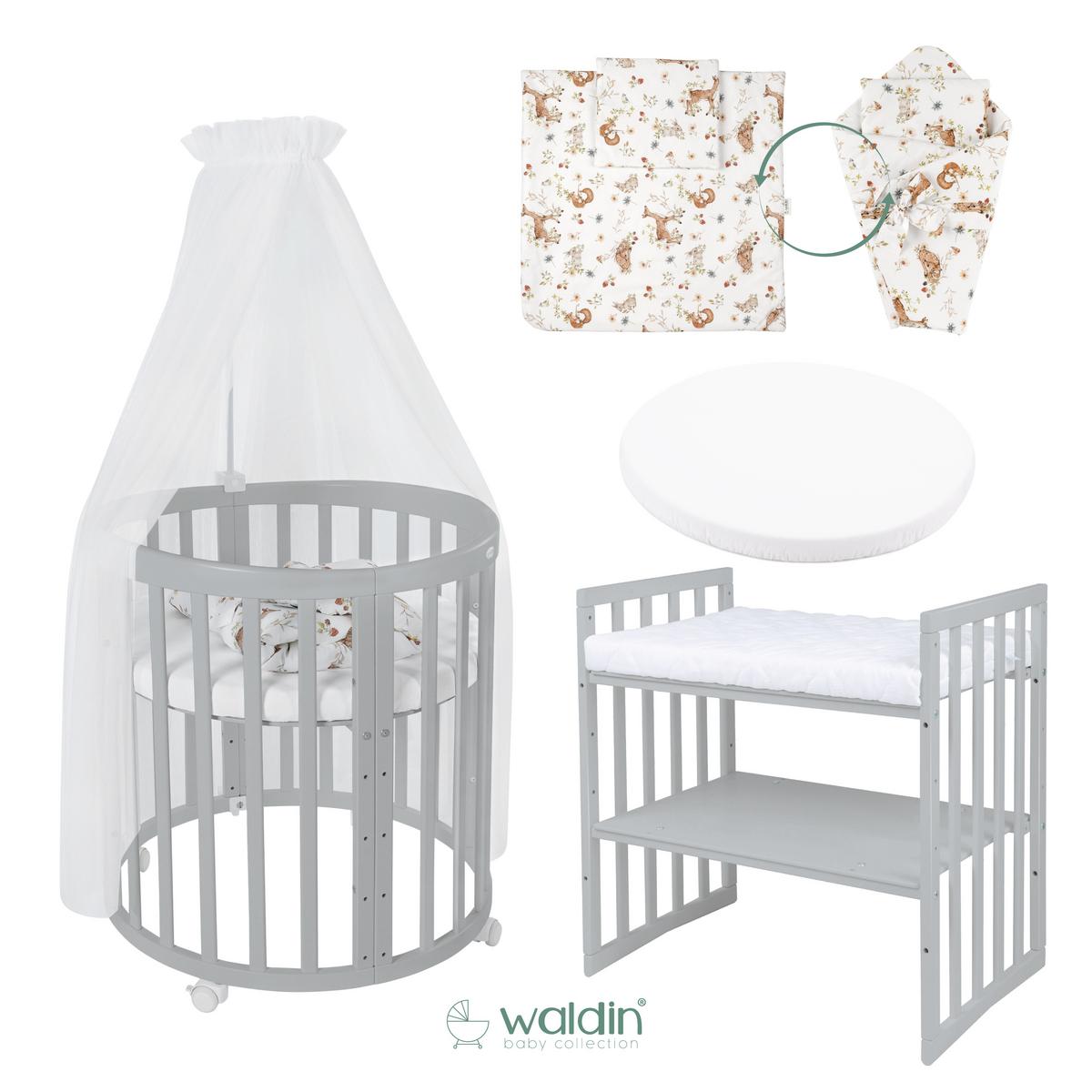 BABYBETT GREY OVAL 7in1 mit Matratze und Himmelset - Multicolor/Grau, Holz/Textil (73/125cm) - waldin