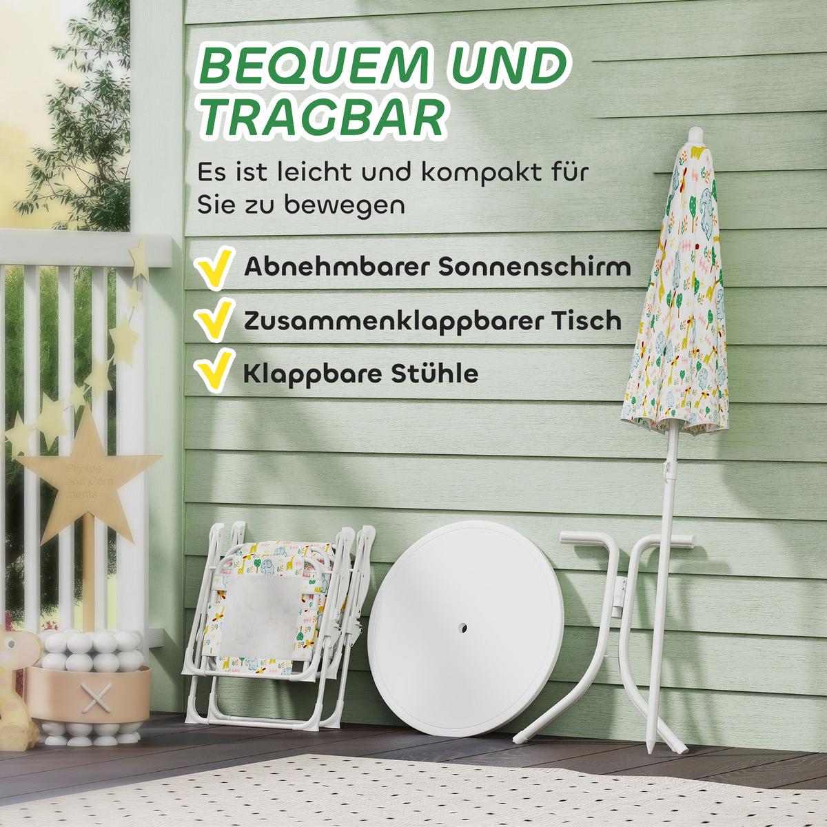 4 tlg. Kindersitzgruppe Garten mit Gartentisch 2 Klappstühle Sonnenschirm - Weiß, Metall - AIYAPLAY