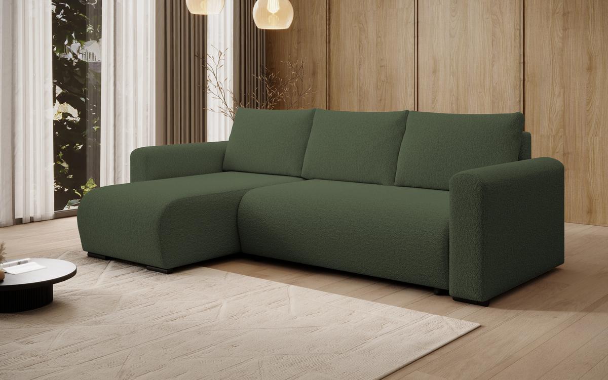 ECKSOFA DORA L, Eckcouch in L-Form mit Schlaffunktion und Bettkasten, Farbe: Grün, Bouclé-Stoff, Ottomane Links - Grün, Textil (240/143cm) - Storez24