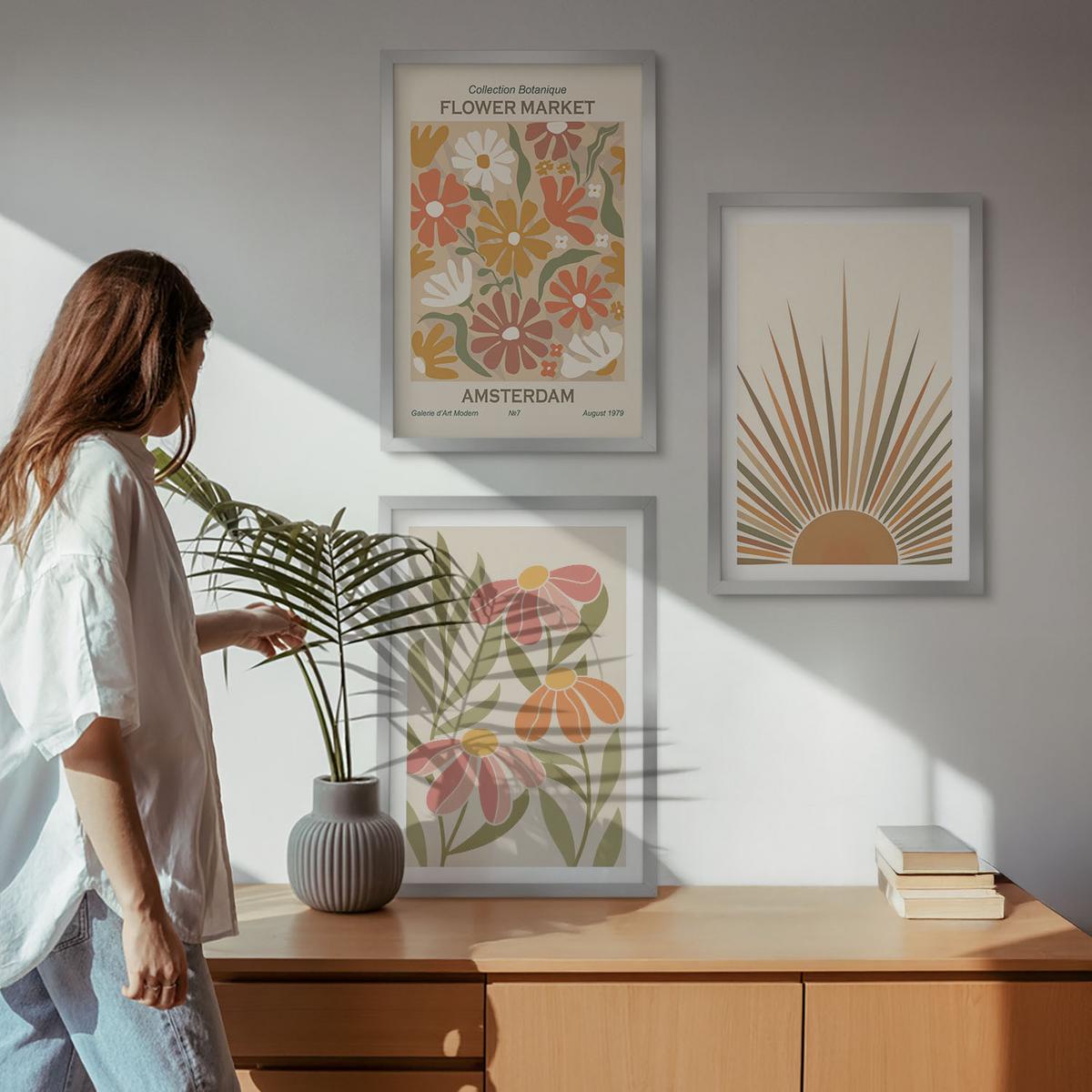 BILDER SET 3er Set - 40x60 cm Silberner Rahmen - Pastellfarbene Sonnenblumen - Silberfarben, Kunststoff (40/60cm) - TULUP
