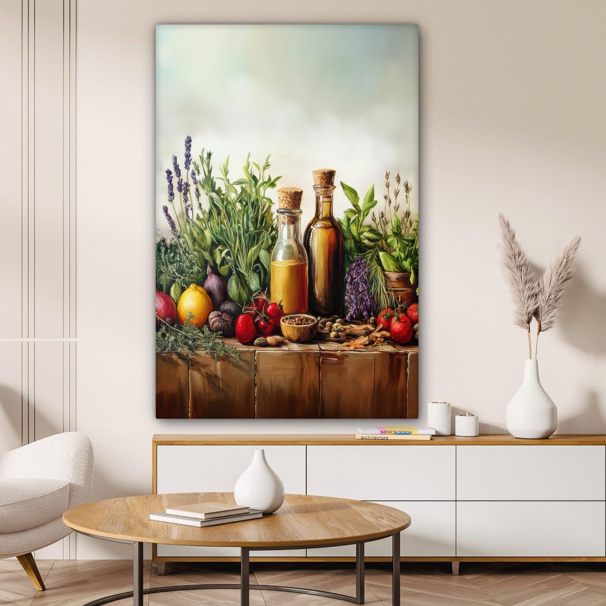 LEINWANDBILD Stilleben - Kräuter - Gewürze - Früchte - Farbenfroh Deko XXL 80x120 cm - Grün, Textil (80/120cm) - MuchoWow