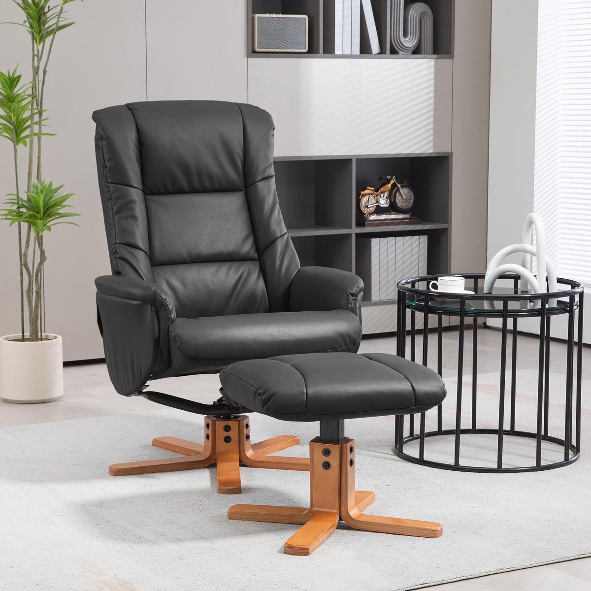 RELAXSESSEL mit Hocker, Fernsehsessel mit Liegefunktion, Wippfunktion, Schwarz - Schwarz, Leder/Holz (84/102/71cm) - HOMCOM