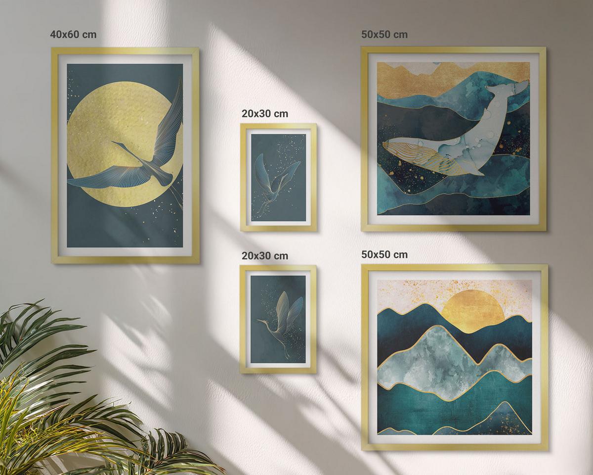 BILDER SET 5er Set - 50x50 cm & 20x30 cm & 40x60 cm Goldrahmen - Vögel, Kraniche, Mond, Berge - Goldfarben, Kunststoff (40/60cm) - TULUP