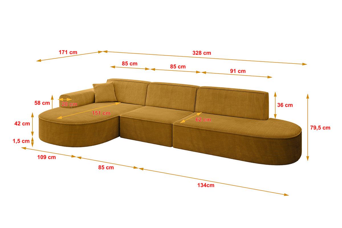 ECKSOFA Ottomane Links MARI-L2 - 328x171x79 cm Senfgelb Cord - Gelb/Schwarz, Holzwerkstoff/Kunststoff (171/321cm) - ALTDECOR