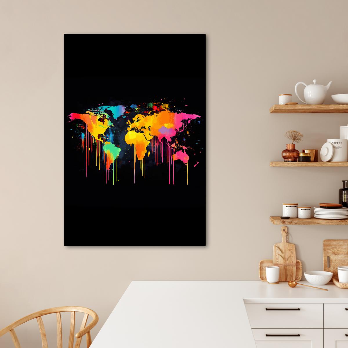 LEINWANDBILD Weltkarte - Farbe - Bunt - Graffiti - Welt Deko XXL 80x120 cm - Multicolor, Textil (80/120cm) - MuchoWow
