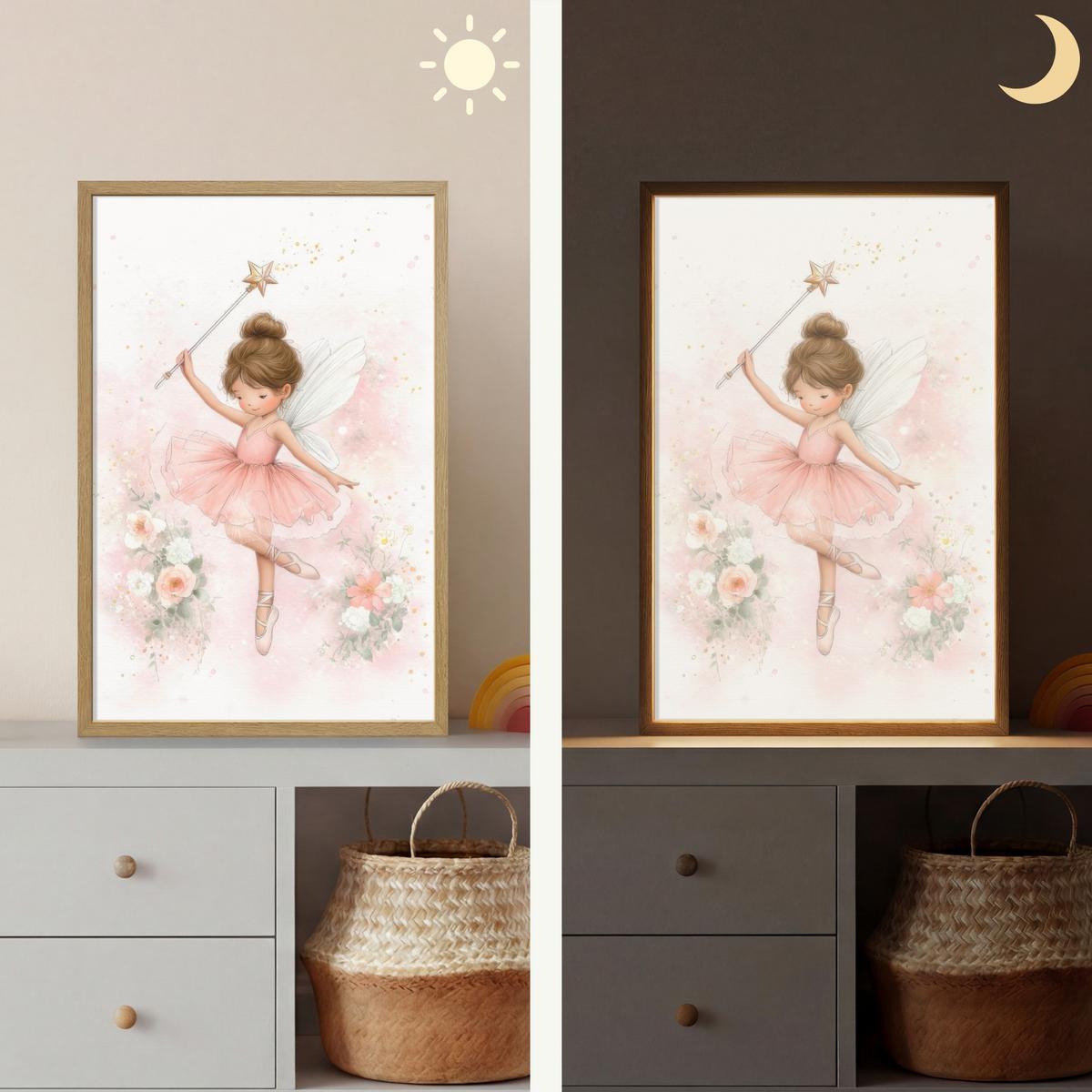 WANDLEUCHTE MIT AKKU Ballerina - Fee - Blumen - Rosa 40x60 cm - Rosa, Holzwerkstoff (40/60/8cm) - OnlyWow