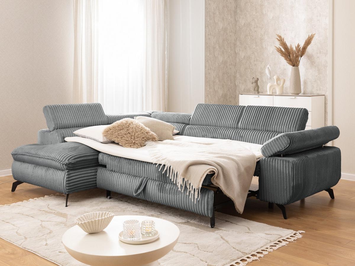 ECKSOFA mit Schlaffunktion und Bettkasten Bonnie aus Grau Cord-Stoff mit verstellbaren Kopfstützen und Armlehne - Ottomane links - Schwarz/Grau, Holz/Textil (275/210cm) - S-Style Möbel