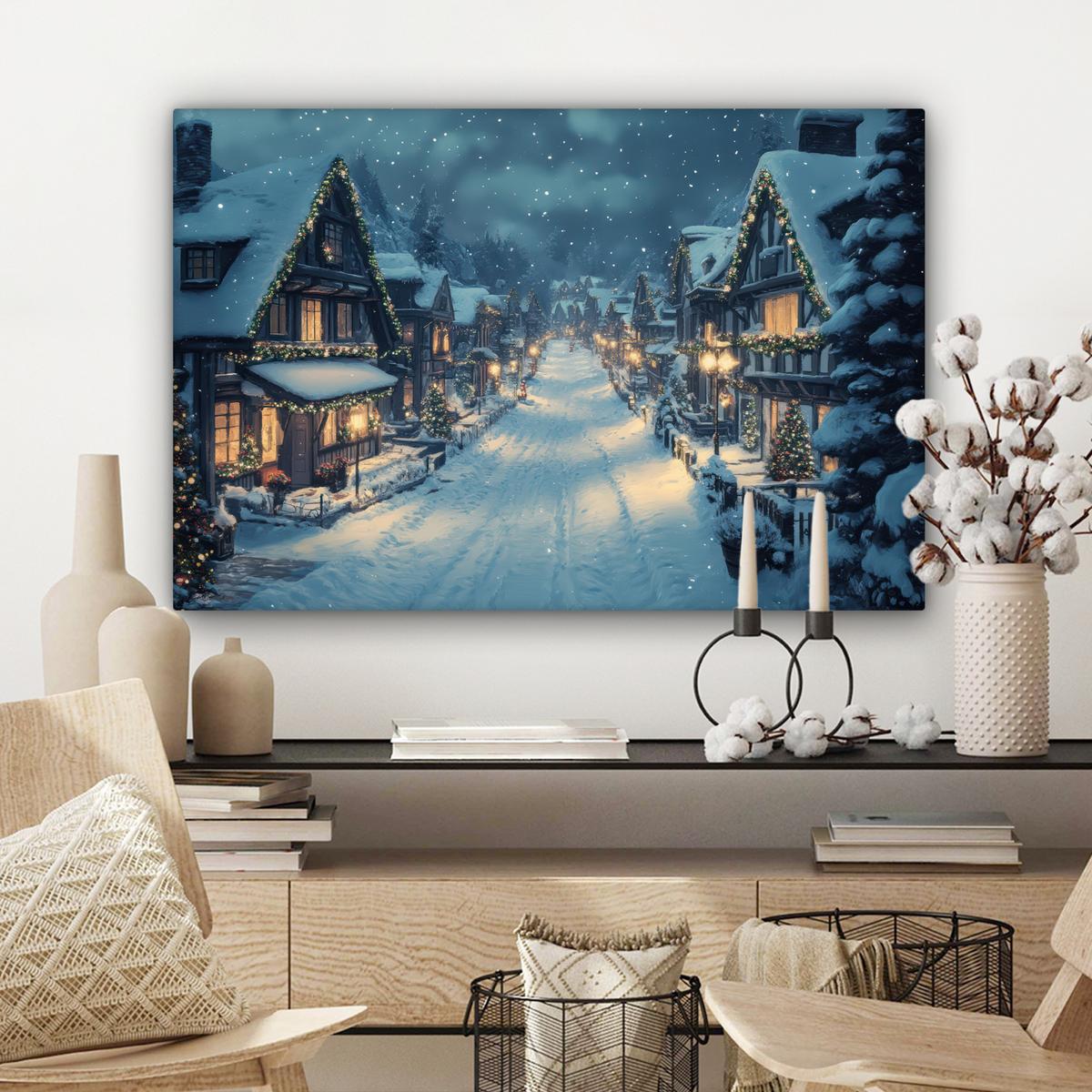LEINWANDBILD Weihnachtsdorf - Weihnachten - Schnee - Winter Gemälde 60x40 cm - Dunkelblau, Textil (60/40cm) - MuchoWow