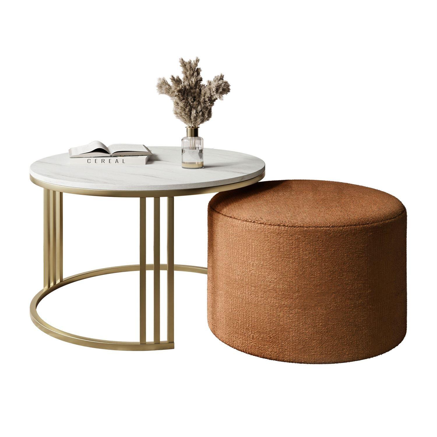 COUCHTISCH mit Hocker LORI MAT gebürstetes Gold/Marmor Levanto/Perfect Harmony 52 - Weiß, Metall (70/70/49cm) - Lookway