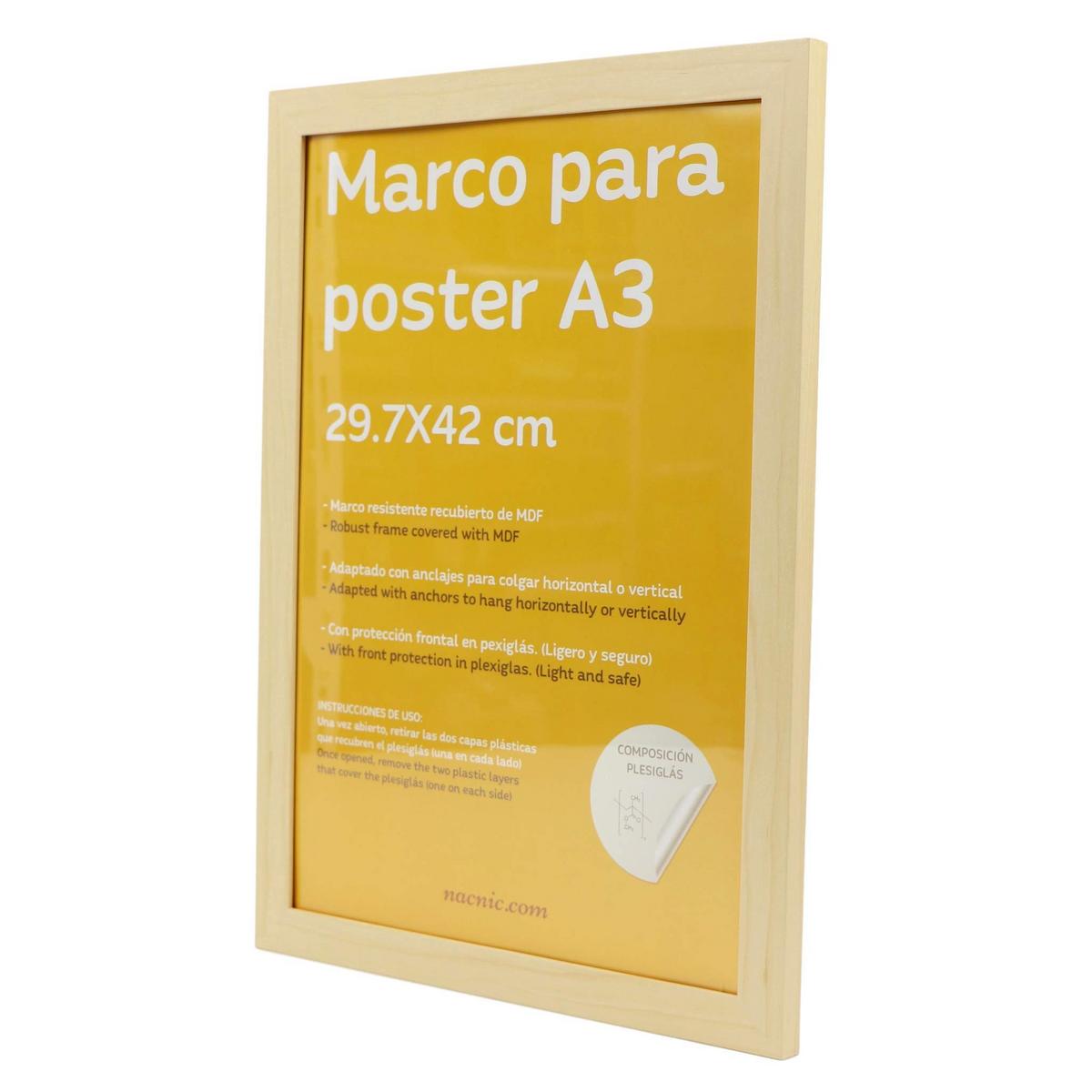 RAHMEN aus MDF und Acrylglas Schutz und Aussteller für Fotografien, Bilder, Poster, Gemälde, Dekoration für Haus Farbe Hellholz A3 - Beige, Holz (29.7/3cm) - Nacnic