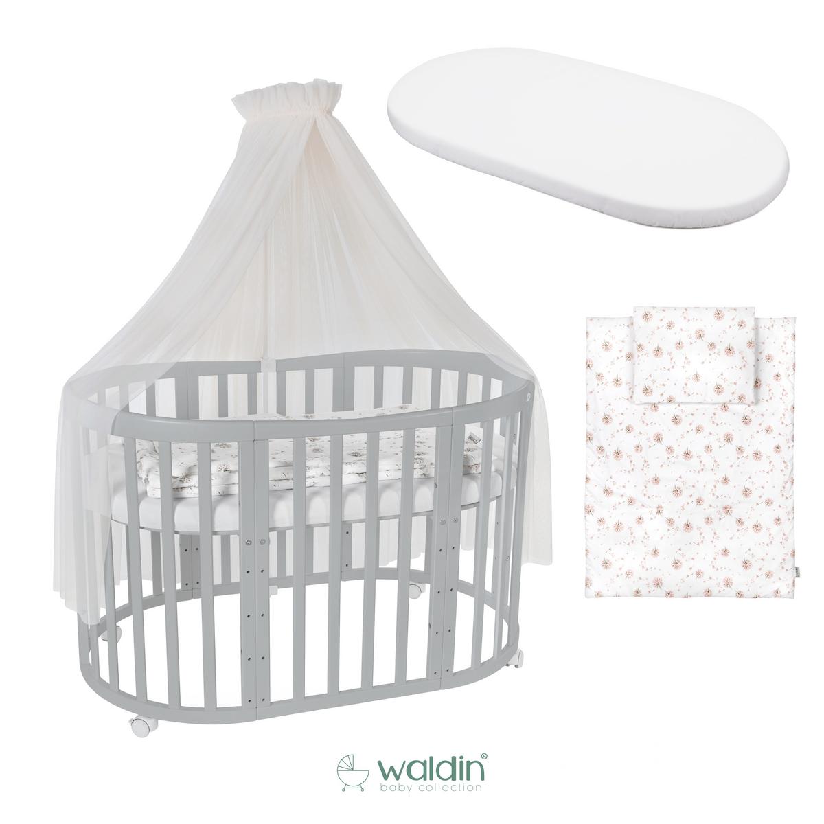 BABYBETT GREY OVAL 7in1 mit Matratze und Himmelset - Champagner/Grau, Holz/Textil (73/125cm) - waldin