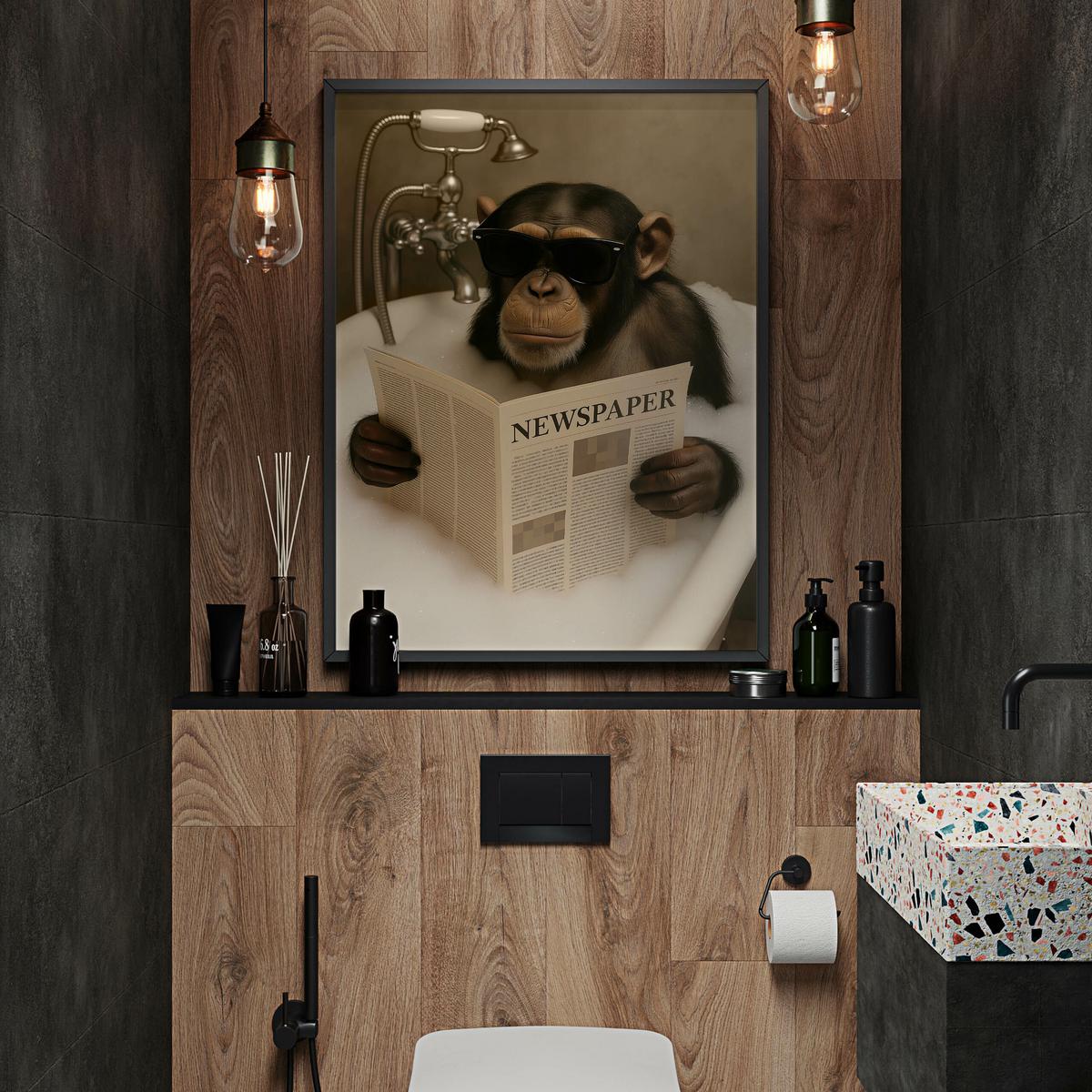POSTER für Badezimmer WC SCHIMPANSE in Badewanne Affe mit Zeitung Abstraktion 50x70cm - Beige/Schwarz, Papier (50/70/70cm) - Muralo