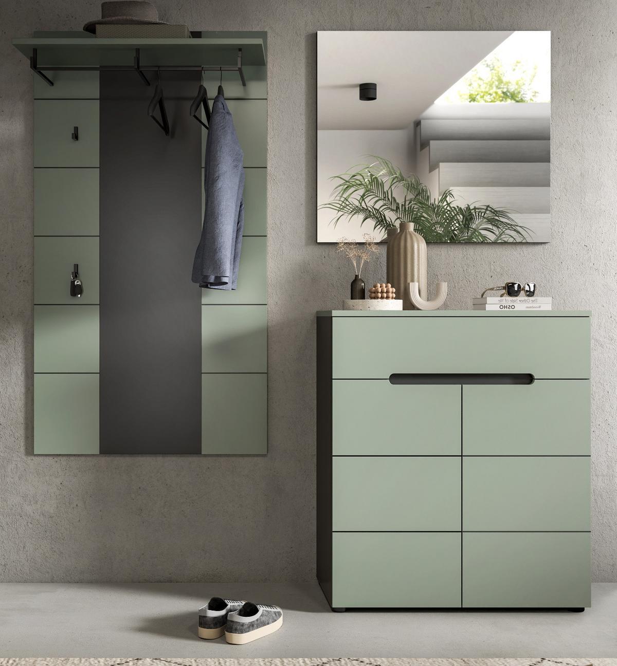 GARDEROBEN-SET 3-teilig Salbei grün, grau 175 cm, Flurgarderobe mit Soft-Close - Salbeigrün/Schwarz, Holzwerkstoff/Kunststoff (175/190/37cm) - Inn.Furn