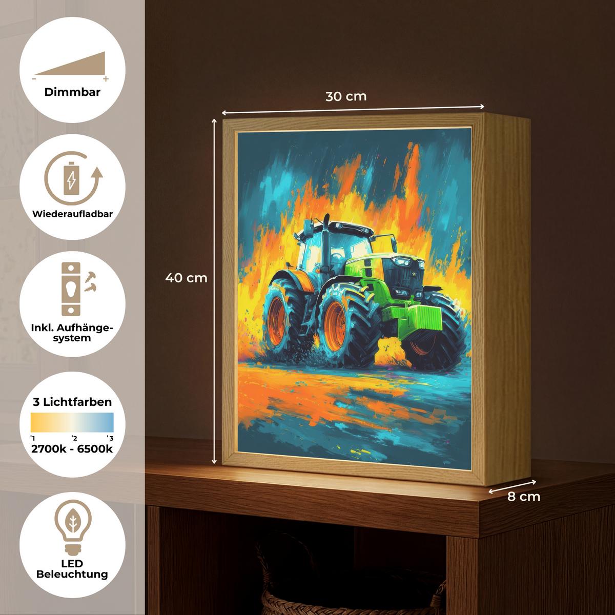 WANDLEUCHTE MIT AKKU Abstrakt - Traktor - Grün 30x40 cm - Dunkelblau, Holzwerkstoff (30/40/8cm) - OnlyWow