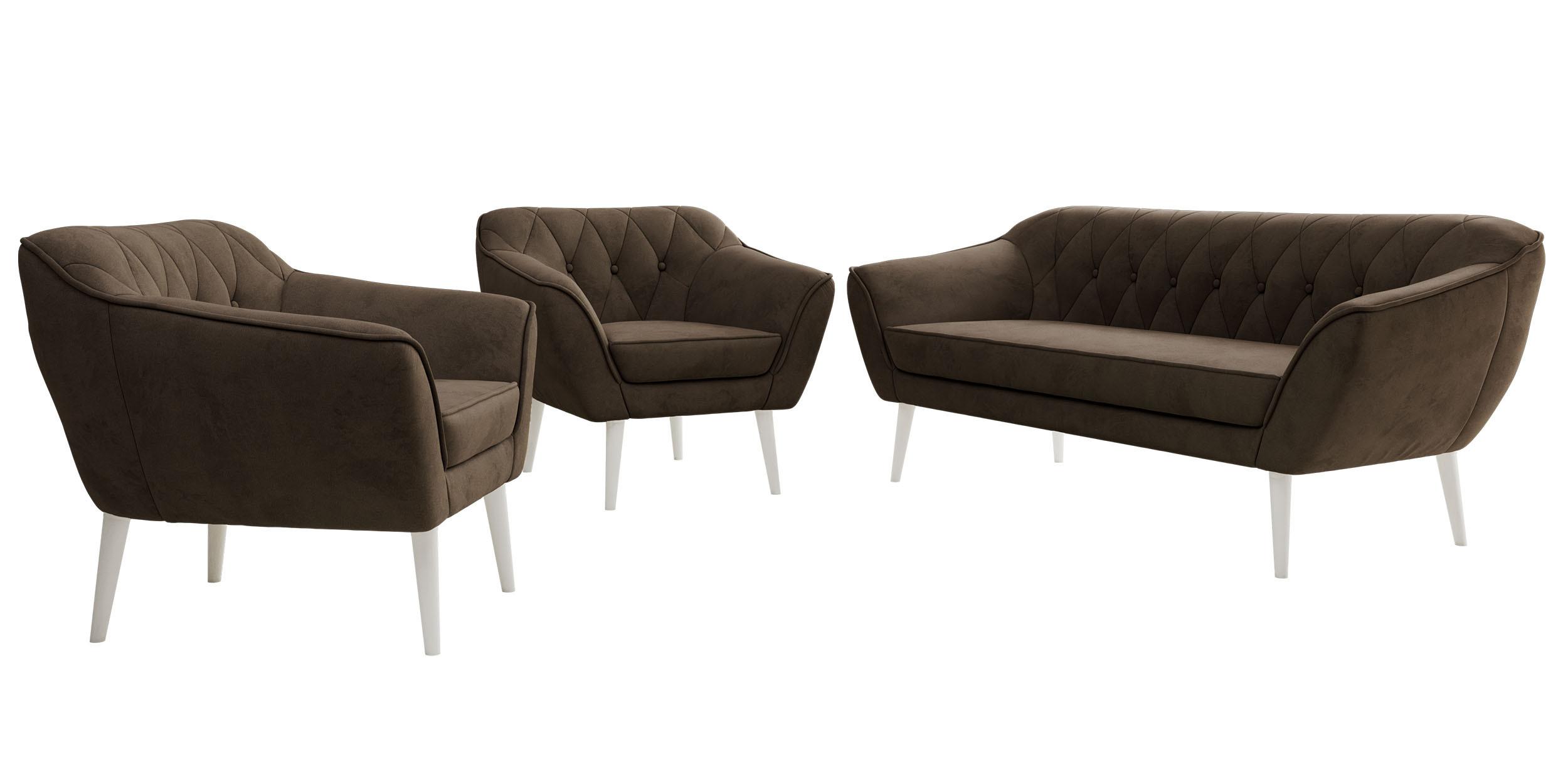 SITZGARNITUR PIRS 3+1+1 - Braun Velvet - Weiße Beine - Dunkelbraun/Braun, Holzwerkstoff/Textil (180/75/74cm) - MKS