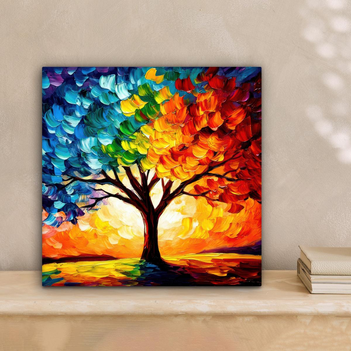LEINWANDBILD Baum - Kunst - Natur - Sonnenuntergang Deko Wohnzimmer 20x20 cm - Multicolor, Textil (20/20cm) - MuchoWow