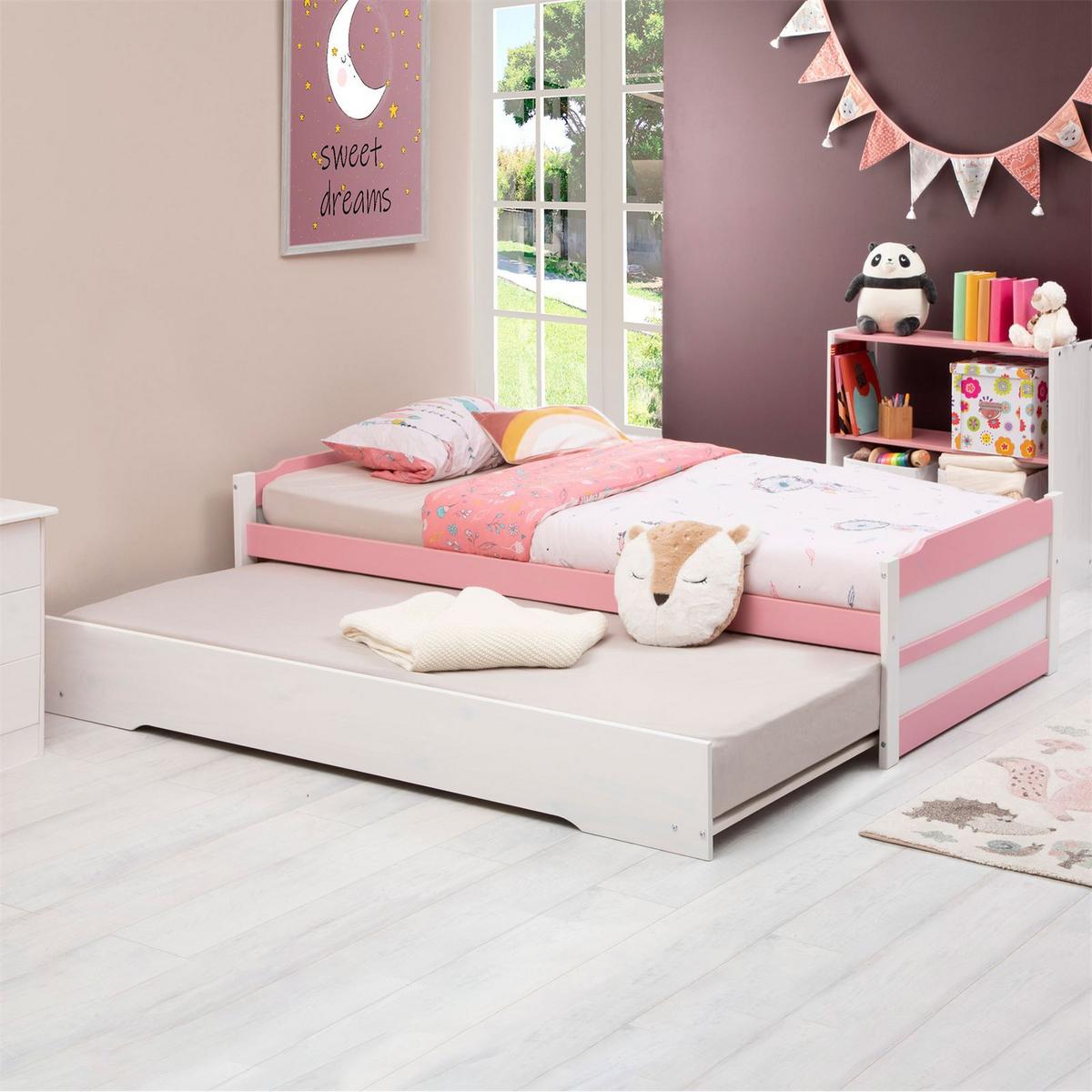 TANDEMBETT LORENA 90x190 cm weiß/rosa - Weiß/Rosa, Holz (99/48/195cm) - IDIMEX
