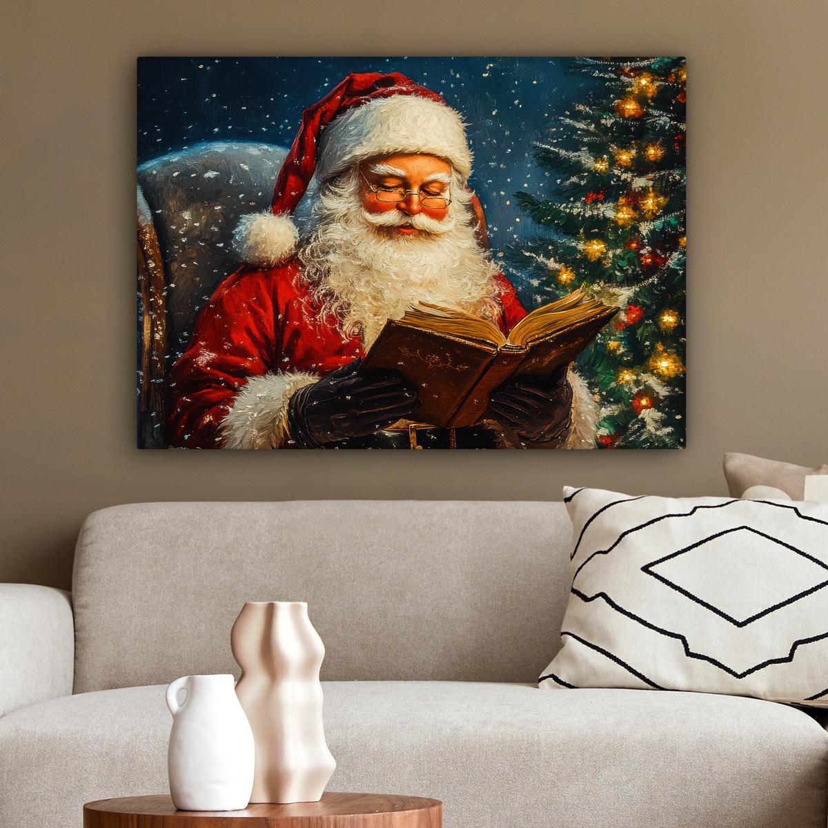 LEINWANDBILD Weihnachtsmann - Weihnachten - Winter - Weihnachtsbaum Wandbilder 80x60 cm - Bordeaux, Textil (80/60cm) - MuchoWow