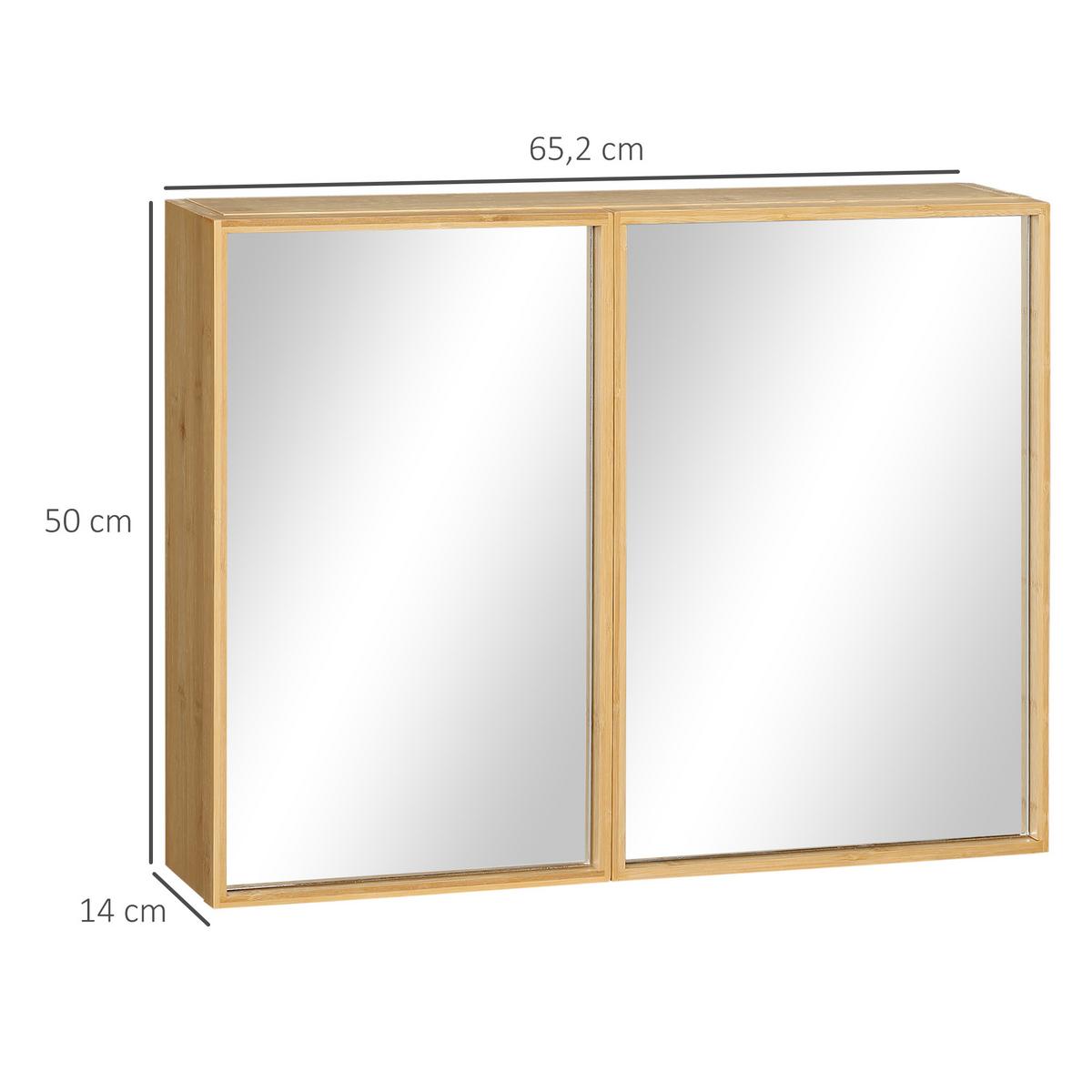 SPIEGELSCHRANK mit 3 Innenböden, Doppeltür, Bambus, Natur, 65,2 x 14 x 50 cm - Naturfarben, Glas (65.2/50/14cm) - Kleankin