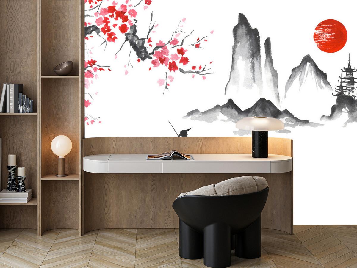 FOTOTAPETE Japanische Landschaft Aquarell 200x140 - Rot/Schwarz, Papier (200/140cm) - Muralo