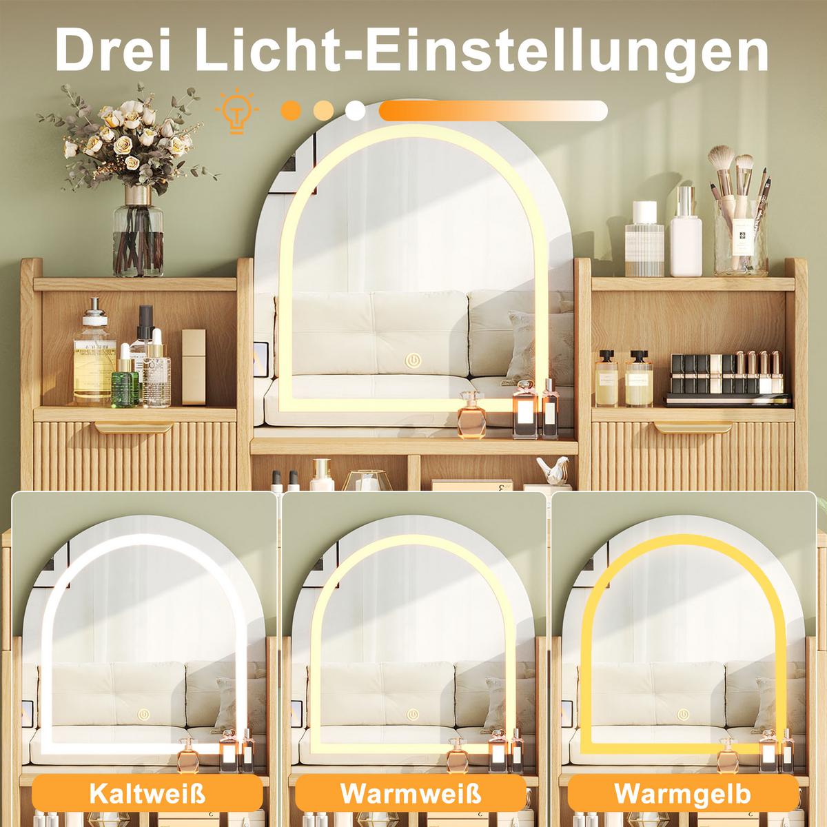 SCHMINKTISCH holzoptik mit LED-Spiegel & Glasvitrinen - Naturfarben, Holzwerkstoff (120/139.5/40cm) - Urban Meuble