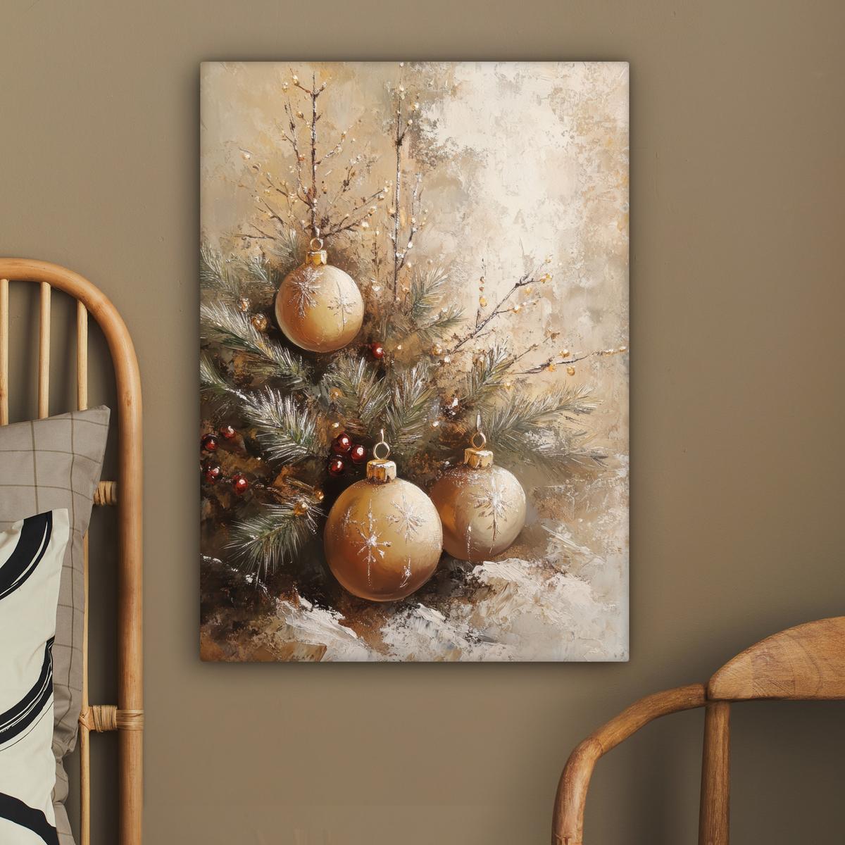 LEINWANDBILD Weihnachten - Kugeln - Beige - Gold Wandbild Wohnzimmer 60x80 cm - Goldfarben, Textil (60/80cm) - MuchoWow